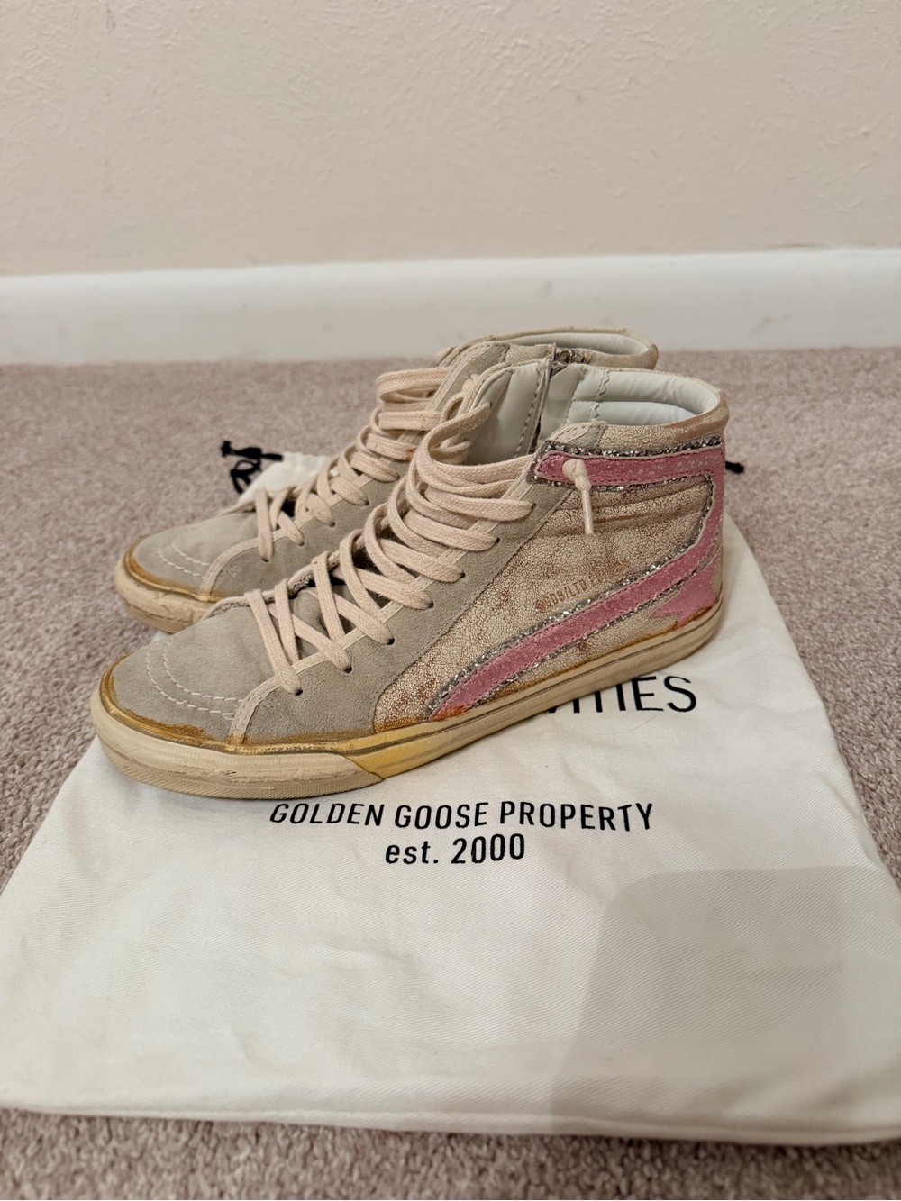 Golden Goose Slide High Top Sneakers Beige Pink Metallic Star & Flash Size 38